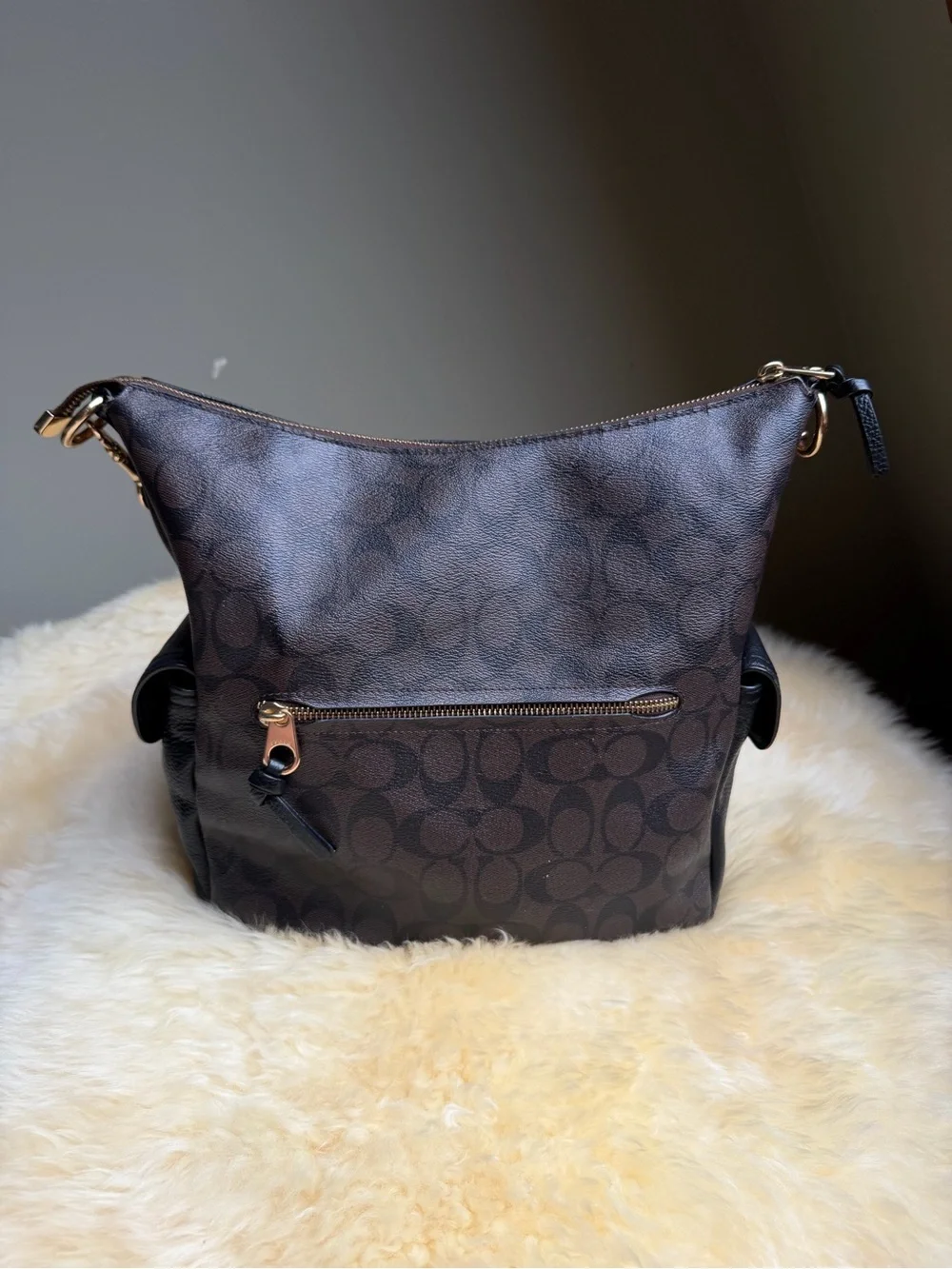 Coach Pennie Brown Signature Leather Hobo Shoulder Bag Gold Hardware Black Trim